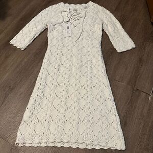 La Vie Rebecca Taylor Cream Crochet Dress Wool Blend With Lace Up Neck New XS